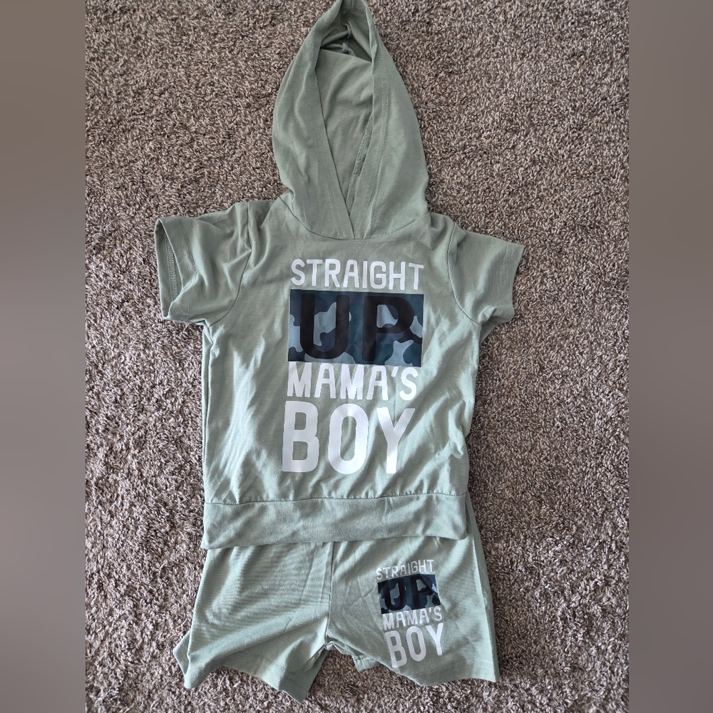 Toddler Boy Short Sleeve With Hood And Shorts Set - "Straight Up Mama's Boy"